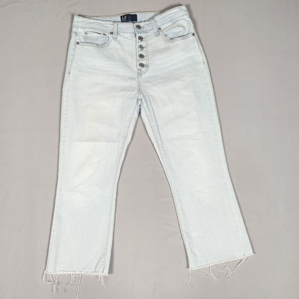 GAP Denim Bootcut Jeans Womens 6 Petite 28x28 Light Wash Raw Hem Stretch - Picture 1 of 10
